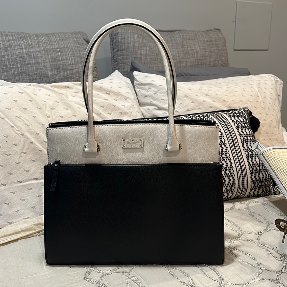 Worn once Kate Spade black and white large purse, laptop bag, work bag. Like new